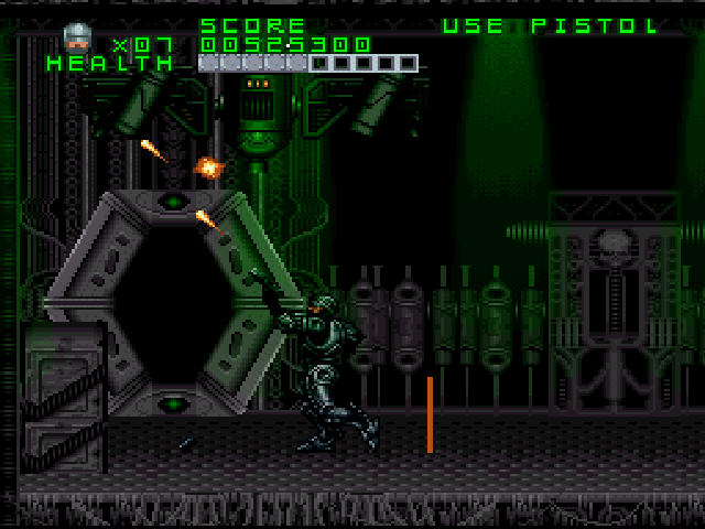RoboCop Versus the Terminator (SNES) screenshot: This hover-drone boss is particularly tough and annoying