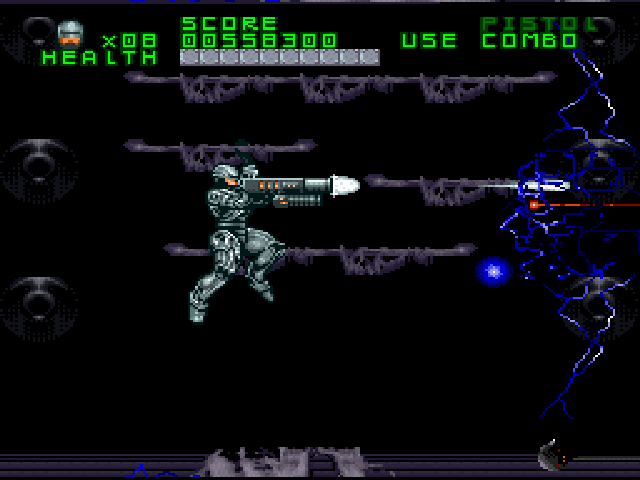 RoboCop Versus the Terminator (SNES) screenshot: The evil SKYNET has never actually been shown in any of the movies, so its up to the video games to visualize what it looks like.