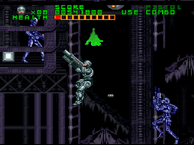 RoboCop Versus the Terminator (SNES) screenshot: These blue endos are even tougher than the regular variety, and SKYNET sics a bunch of them on you during your escape attempt