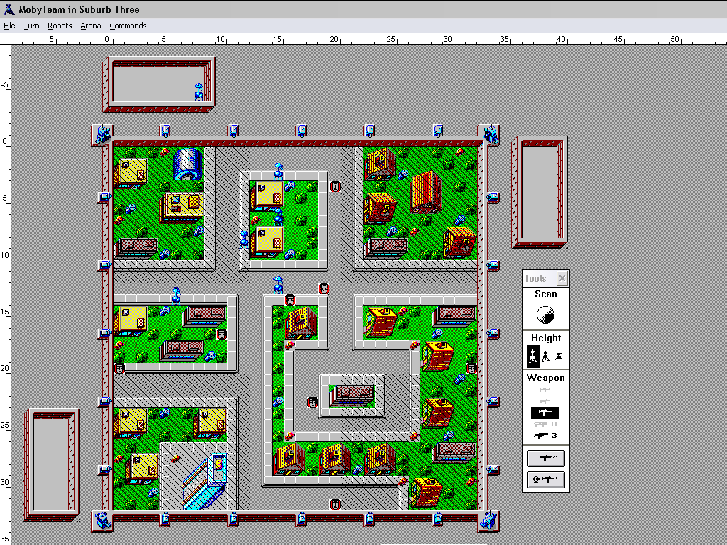 RoboSport (Windows 3.x) screenshot: Phase 1: Deploying robots from the depot and issuing orders (Treasure Hunt mode).