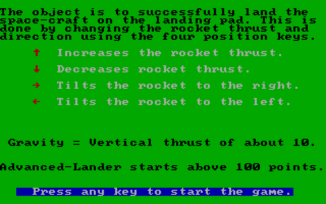 Rocket Lander (DOS) screenshot: Game instructions