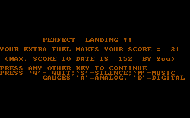 Rocket Lander (DOS) screenshot: A perfect landing