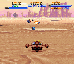 Super Star Wars (SNES) screenshot: The landspeeder level uses the SNES Mode 7 effect. Soft control and excellent playability!