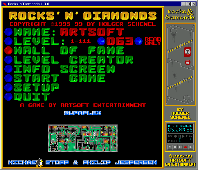 Rocks 'n' Diamonds (Linux) screenshot: Main menu