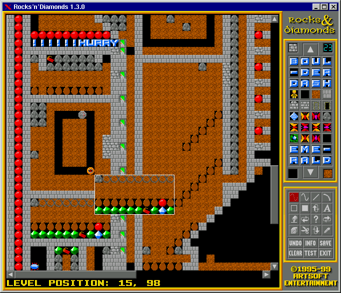 Rocks 'n' Diamonds (Linux) screenshot: Level editor, main screen
