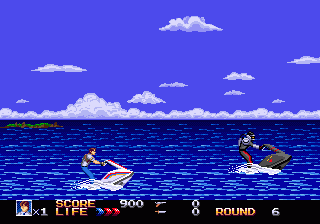 Rolling Thunder 3 (Genesis) screenshot: The jet ski sequence is fun, but watch out for enemies coming from behind.