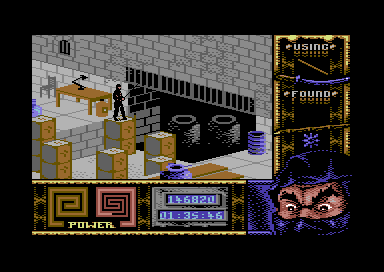 Ninja Remix (Commodore 64) screenshot: Level 4, "The Basement": Impractical passage.<br> (<i>Armakuni</i>, imagine you are playing <i>Hopscotch</i>... feel the force!)