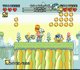 Pop'n TwinBee Rainbow Bell Adventures (SNES) screenshot: Difficult situation here...