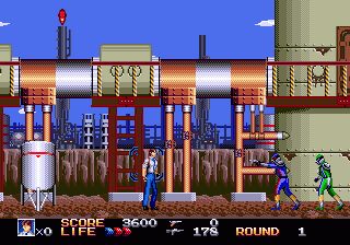 Rolling Thunder 3 (Genesis) screenshot: The blue crosshair on the screen is the hidden sniper, I've been too slow.