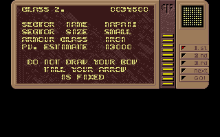 Rotor (DOS) screenshot: Choose the next mission on the pocket computer.