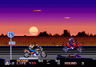 Rolling Thunder 3 (Genesis) screenshot: Cruising with the chopper on the highway in one of the new action sequences.