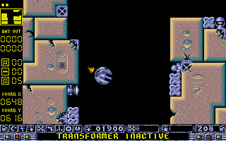 Rotor (DOS) screenshot: The "Kairo" graphic set. On the left is an attractor, on the right wall lurks a repulsor.