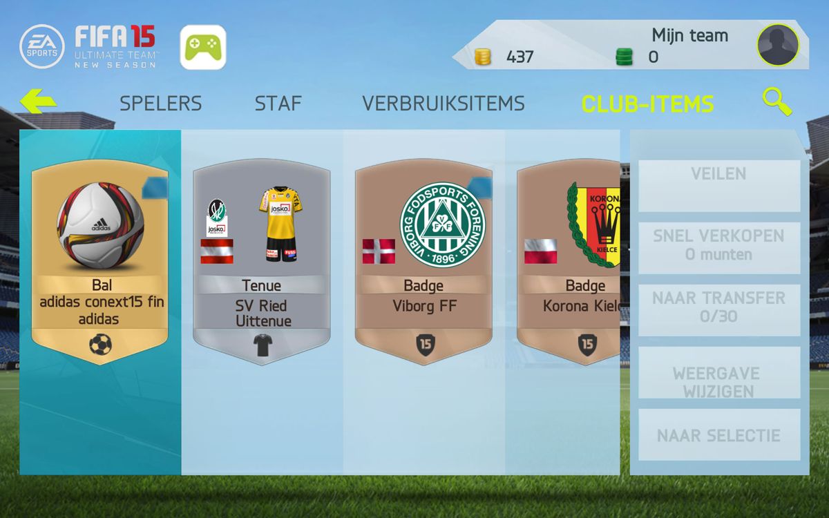 FIFA 15: Ultimate Team (Android) screenshot: Club items you can unlock (Dutch version).