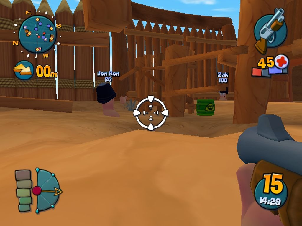 Worms 4: Mayhem (Windows) screenshot: "Shoot him, not me!"