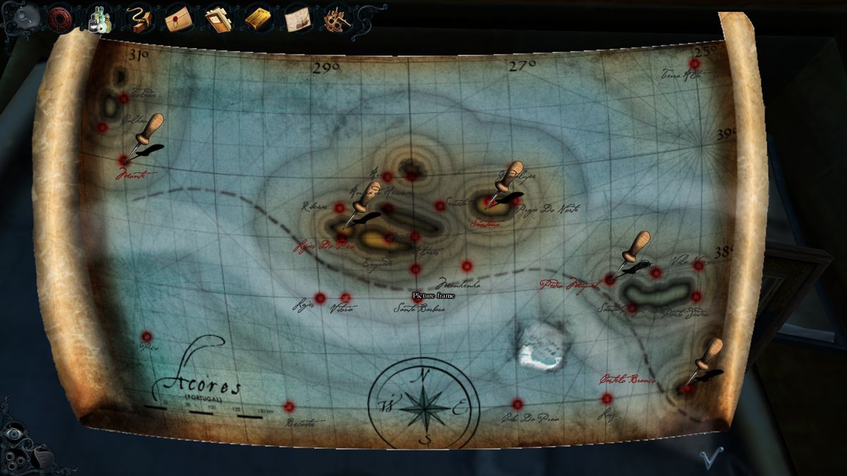 Black Sails: The Ghost Ship (Windows) screenshot: The map shows the ship's route near Azores, Portugal