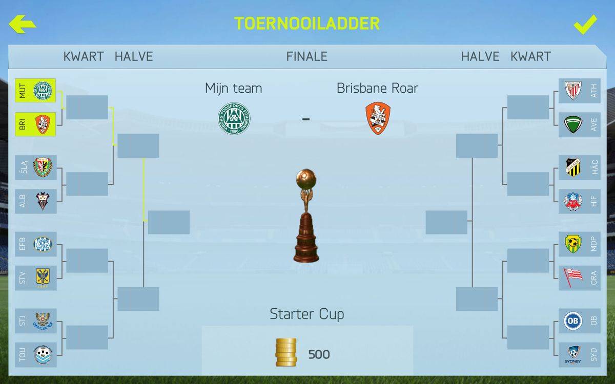 FIFA 15: Ultimate Team (Android) screenshot: Earn 500 coins in the starter cup (Dutch version)