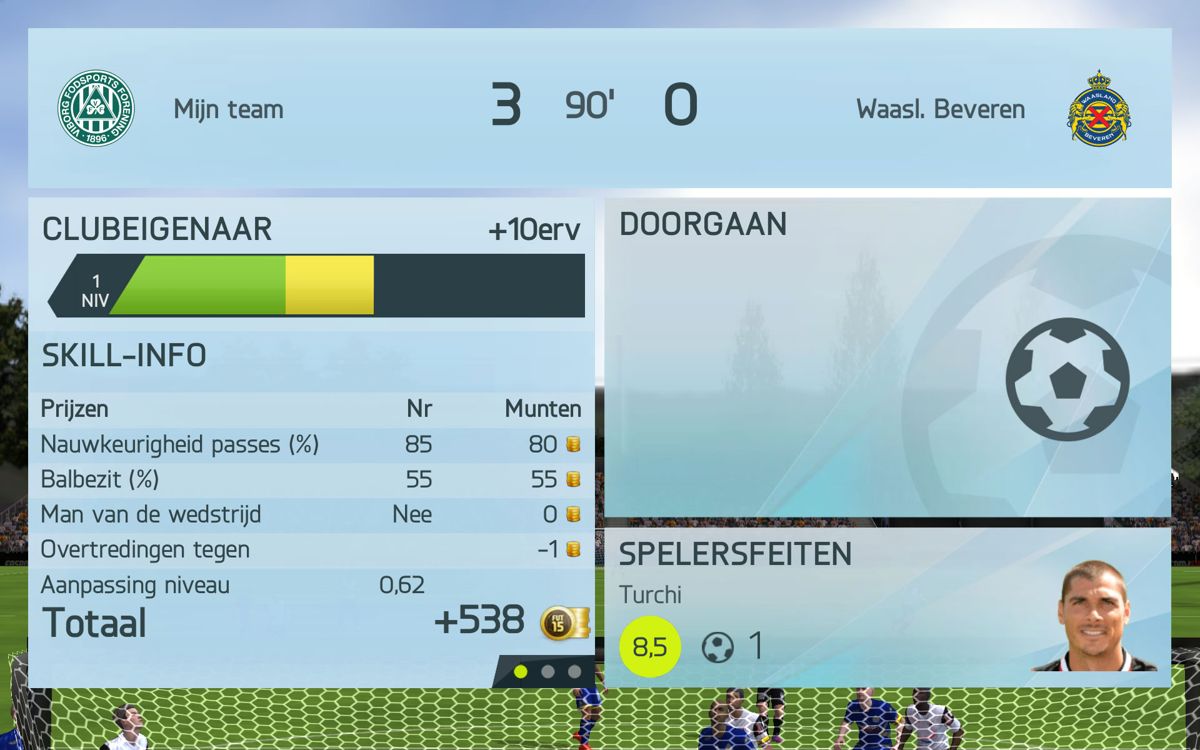 FIFA 15: Ultimate Team (Android) screenshot: Game results (Dutch version)