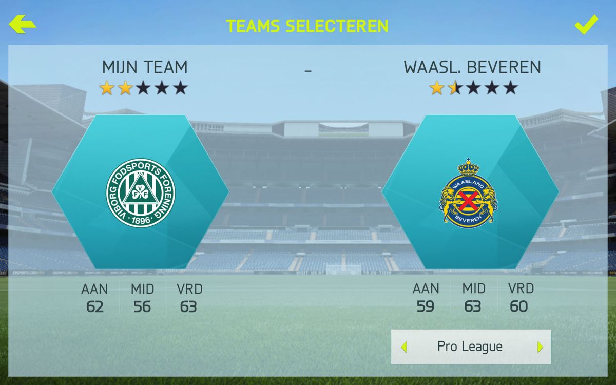FIFA 15: Ultimate Team (Android) screenshot: Match-up screen against a Belgian club (Dutch version)
