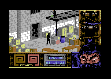 Ninja Remix (Commodore 64) screenshot: Level 4, "The Basement": Starting Point.<br> A guard is getting berserk because he can't access the lower floor.<br>