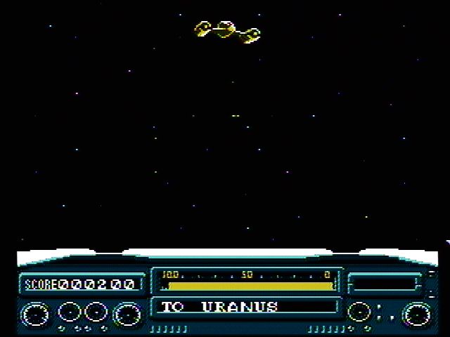 To the Earth (NES) screenshot: An enemy spaceship flying by