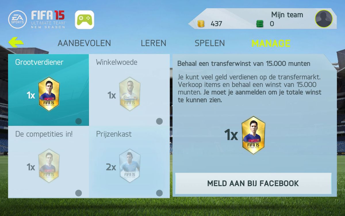 FIFA 15: Ultimate Team (Android) screenshot: Reach objectives to unlock additional player packs (Dutch version).