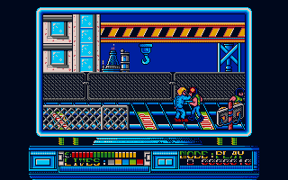 Rescate en el Golfo (DOS) screenshot: Deadly as the bad guys are, the hook on that overhead crane is worse. (VGA)