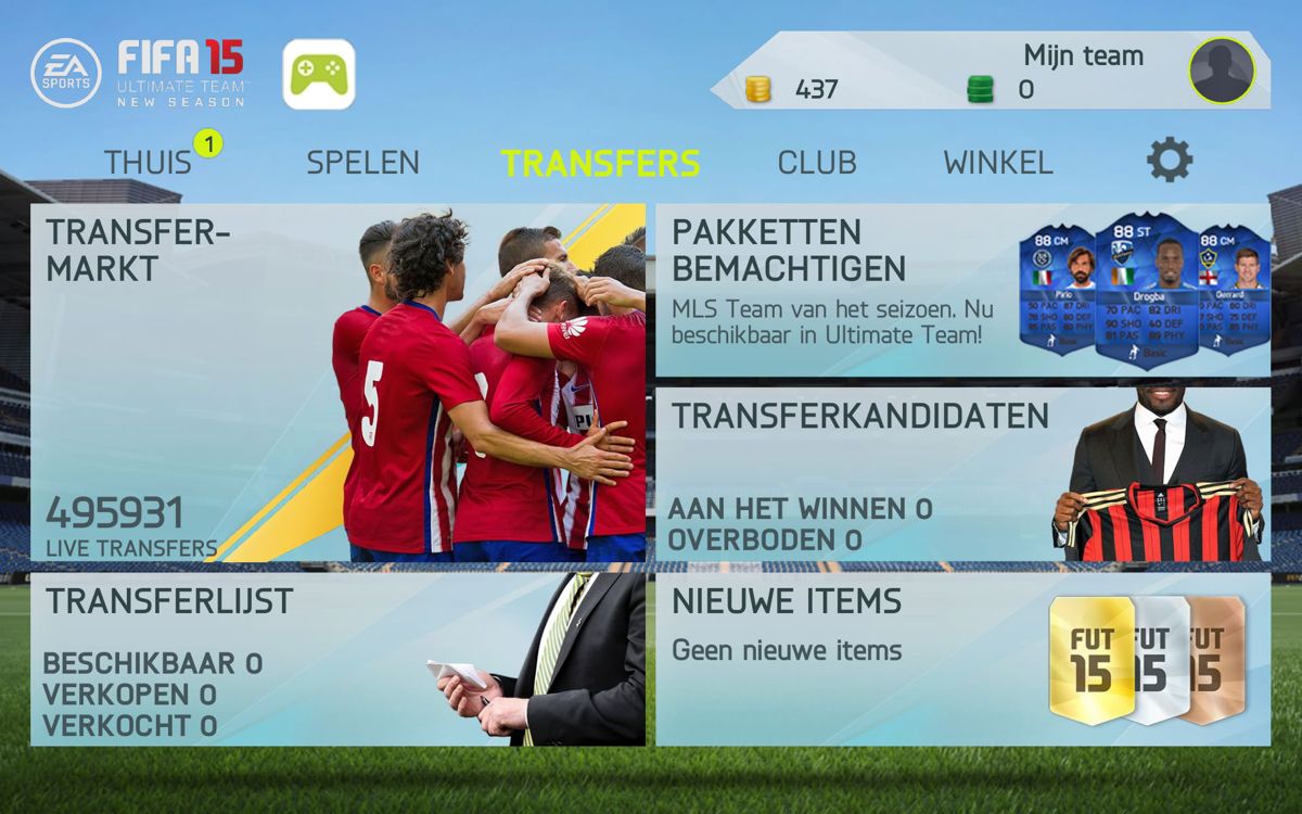 FIFA 15: Ultimate Team (Android) screenshot: The main transfers screen (Dutch version)