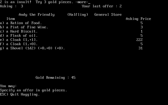 Moria (DOS) screenshot: Haggling for food.