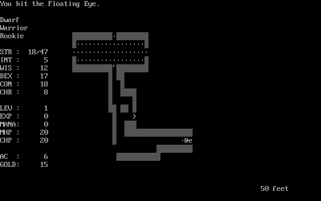 Moria (DOS) screenshot: Fighting a floating eye. They can paralyze you.