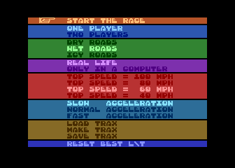 Rally Speedway (Atari 8-bit) screenshot: Main menu