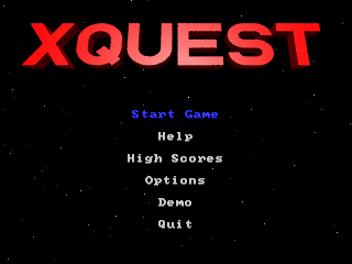 XQuest (DOS) screenshot: Start menu (v1.0)