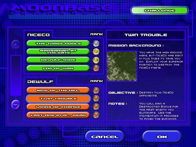 Moonbase Commander (Windows) screenshot: The single player "challenge" mode is a set of 16 increasingly difficult levels to help refine your game skills.