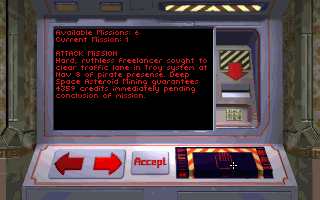 Wing Commander: Privateer (DOS) screenshot: The mission terminal