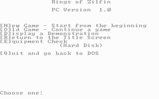 Rings of Zilfin (DOS) screenshot: The main menu.