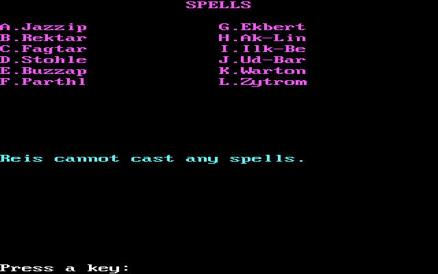 Rings of Zilfin (DOS) screenshot: The spell screen.