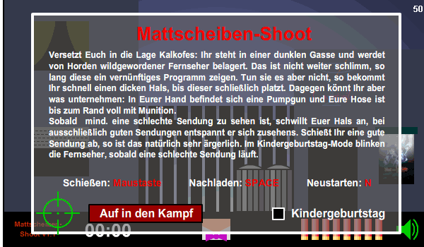 Mattscheiben-Shoot (Browser) screenshot: Main menu and rules