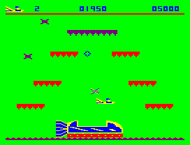 Cuthbert in Space (Dragon 32/64) screenshot: Loot stage; pick up the falling cross-like objects