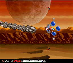 BioMetal (SNES) screenshot: Attacked from behind by a snake creature