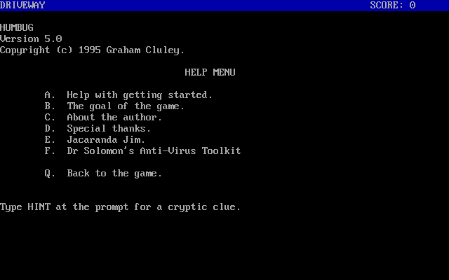 Humbug (DOS) screenshot: Built-in help system