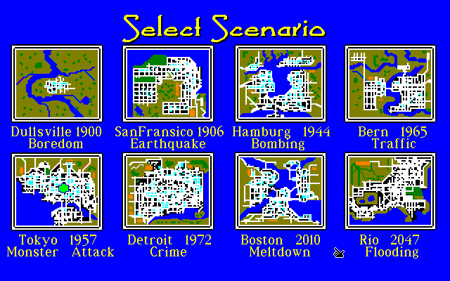 SimCity (PC-98) screenshot: Scenario selection (8 color mode)