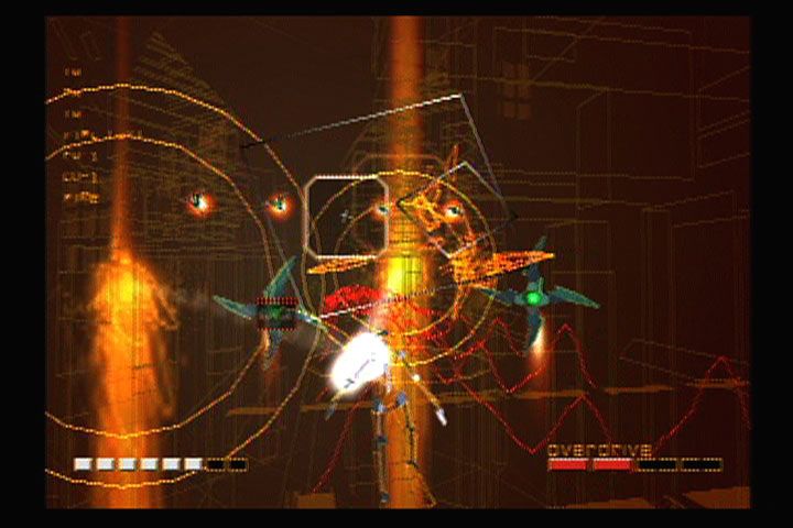 Rez (PlayStation 2) screenshot: Intense color effects reveal themselves when enemies are destroyed.