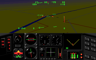 MiG-29 Fulcrum (DOS) screenshot: Shooting the Ground Gun controlling the Bridge...