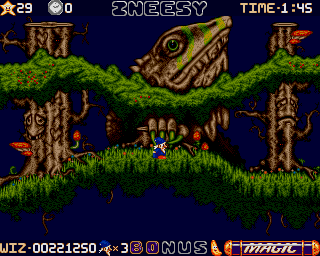 Wiz 'n' Liz (Amiga) screenshot: Poor lizard got stuck in two platforms