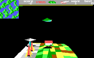 Virus (DOS) screenshot: In-game, flying through the landscape (EGA)