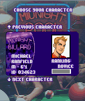 Midnight Pool (J2ME) screenshot: Character selection screen