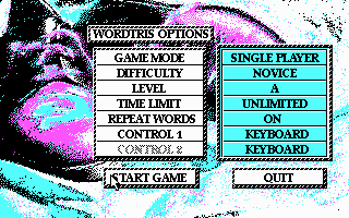 Wordtris (DOS) screenshot: Main menu (CGA)