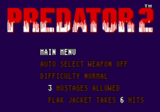 Predator 2 (Genesis) screenshot: Options menu. The difficulty levels are very precise