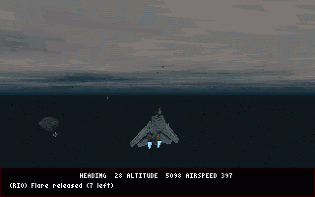 Fleet Defender (DOS) screenshot: F-14 pulls hard vertical turn to avoid a missile.