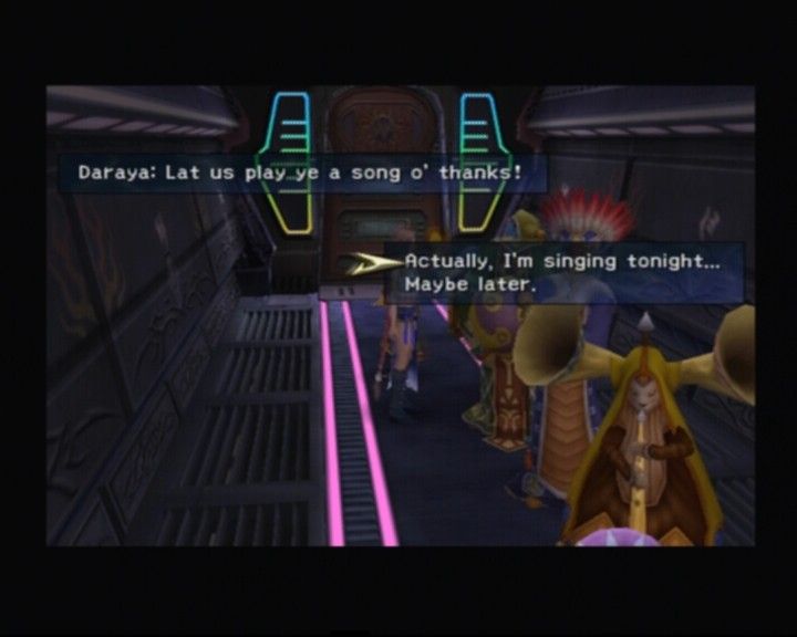 Final Fantasy X-2 (PlayStation 2) screenshot: Yuna talking to a strangle looking music performers