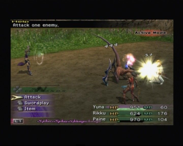 Final Fantasy X-2 (PlayStation 2) screenshot: Paine dealing bigger damage striking from behind, 'cos it depends upon the position and side one's turned towards during the battle